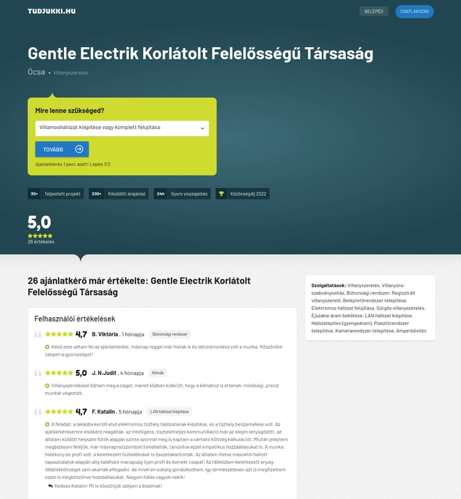 A képen a Tudjukki felülete látható, amina Gentl e Electrik Kft. értékelései és szolgáltatásai olvashatók. Az értékelés öt csillagos és több ügyfél értékelését tartalmazza különböző felhasználóktól,